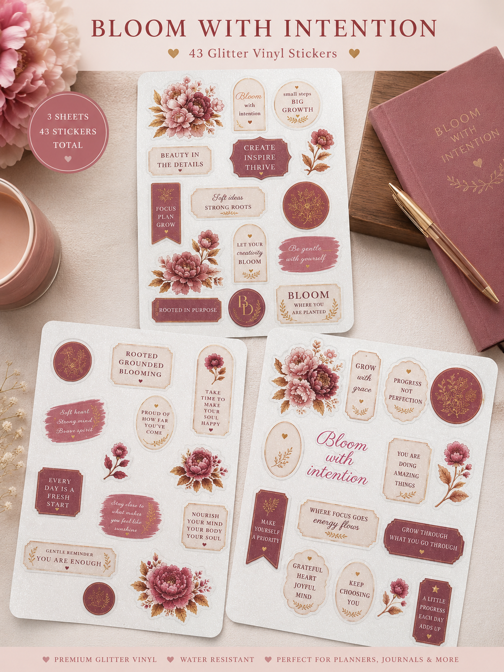 Bloom With Intention | Glitter Vinyl Sticker Collection